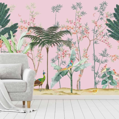 The wallpaper features a vibrant mural with tropical plants, flowers, and birds set against a pink background. Elements include lush green leaves, various colorful flowers in hues of red, orange, and yellow, and exotic birds with bright blue and red feathers.