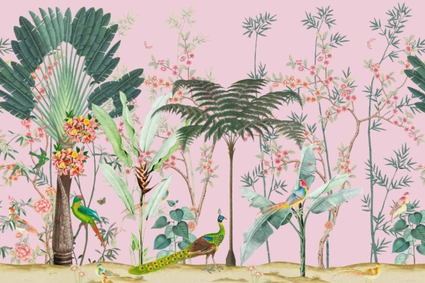 Whimsical wallpaper with exotic birds in a lush, tropical landscape. Features vibrant peacocks and parrots perched among towering palm and banana trees with flowering foliage. Highlighted by a soft pink background that accentuates vibrant colors and detailed natural elements, evoking Palm Therapy.