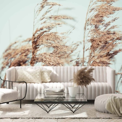Pastel wall mural featuring a close-up of golden wheat. Elements include golden wheat stalks, subtle pastel hues, light beige, soft greens, and muted earth tones.