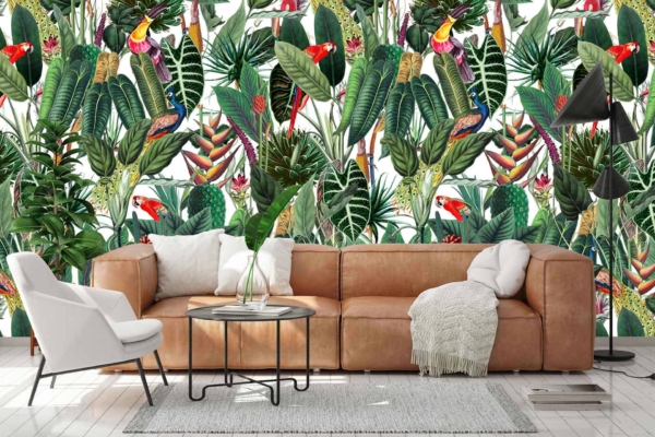 The wallpaper features vibrant tropical jungle elements reminiscent of Paradiso, with lush greenery, exotic plants, and colorful birds. Various shades of green dominate the foliage, complemented by bursts of bright colors from flowers and birds in hues like red, blue, yellow, and orange.