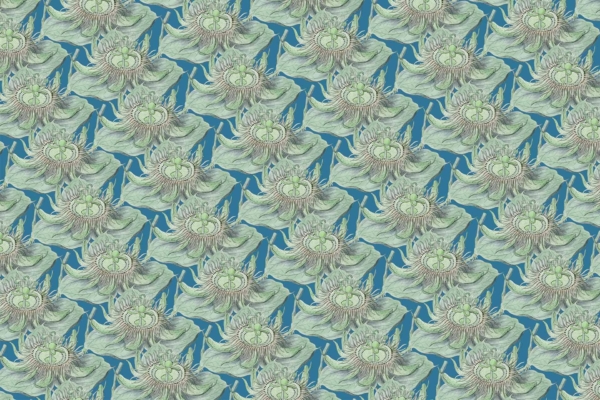 Intricate, stylized green flowers with prominent central stamens, set against a blue background. Various orientations enhance harmony and visual appeal. Elements of passion in detailed floral designs.
