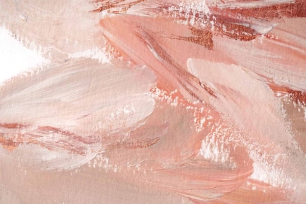 The "Peachy Dream" wallpaper showcases broad brushstrokes in soft pastel pinks, whites, and subtle hints of metallic rose gold. The design features a textured and ethereal effect with dreamy abstract patterns.