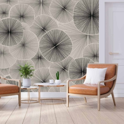 The wallpaper features an abstract pattern with large circular designs in neutral tones, resembling pencil sketches.