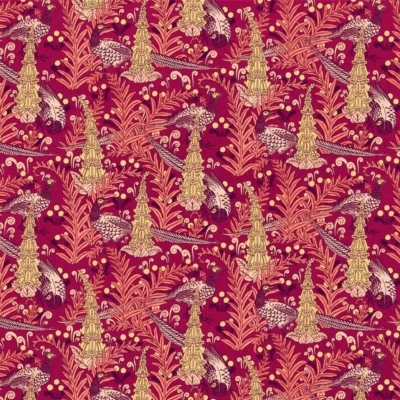 Intricate wallpaper pattern with gold peacocks and pheasants, floral designs, and ornate foliage on a deep red background. Repeated motifs create rich texture reminiscent of antique textiles.