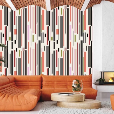 Colorful vertical stripe wallpaper inspired by Piet, featuring vibrant and varied hues like bold primary colors (red, blue, yellow), interspersed with softer tones (pastel pinks, greens). Stripes of different widths create a dynamic pattern that captures the essence of modern abstract art.