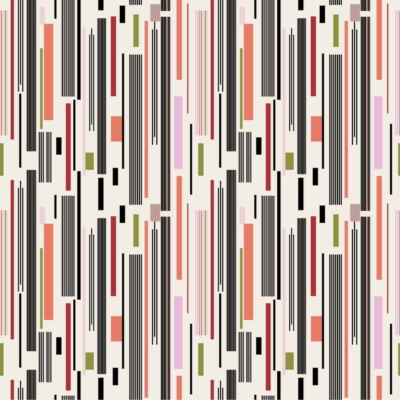 A geometric wallpaper featuring vertical lines of varying lengths and widths, arranged randomly. The lines are primarily black, accented with red, pink, green, and beige. Set against a pale background, the design creates a modern abstract aesthetic reminiscent of Piet's work. Key elements: vertical lines, varying lengths and widths, black accents with red/pink/green/beige on pale background.
