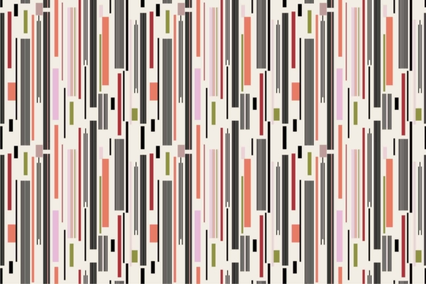 A geometric wallpaper featuring vertical lines of varying lengths and widths, arranged randomly. The lines are primarily black, accented with red, pink, green, and beige. Set against a pale background, the design creates a modern abstract aesthetic reminiscent of Piet's work. Key elements: vertical lines, varying lengths and widths, black accents with red/pink/green/beige on pale background.