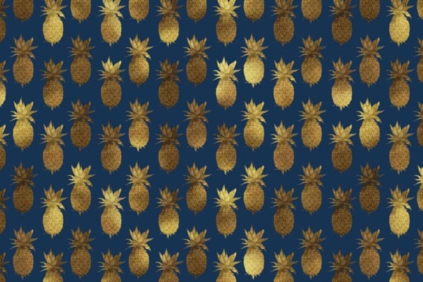 A seamless wallpaper pattern featuring golden pineapples on a dark blue background. The pineapples are evenly spaced and oriented upright, creating a repetitive and decorative design. Elements include stylish golden pineapples, uniform spacing, and a dark blue backdrop. Design suitable for search terms like "golden pineapple pattern," "dark blue background design," and "repetitive decorative wallpapers.