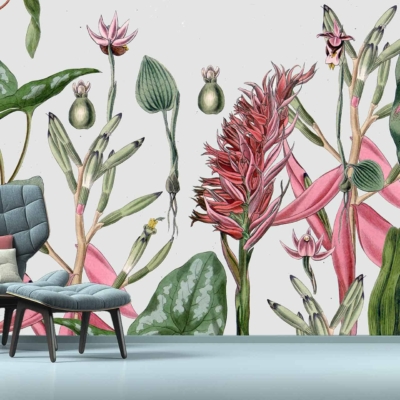 The wallpaper features large, vibrant green leaves and pink flowers, creating a botanical theme with illustrations of various plant types. The predominant colors are lush green and bright pink, evoking a sense of being in a vivid garden setting.