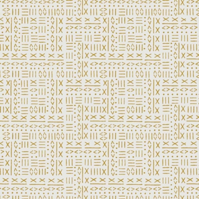 Seamless pattern with intricate geometric shapes on a white background: gold triangles, rectangles, dots, and diagonal lines arranged in a precise grid structure.