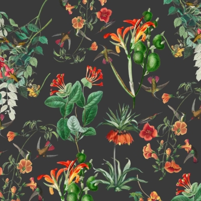 Dark background, dense intricate pattern, vibrant flowers, green leaves, small hummingbirds. Blooms in shades of orange, red, peach. Pollen splashes of color. Lively natural scene full of power.