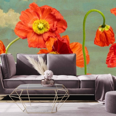 Vibrant mural 'Poppy Skies' featuring large, bright orange poppies against a muted green backdrop.
