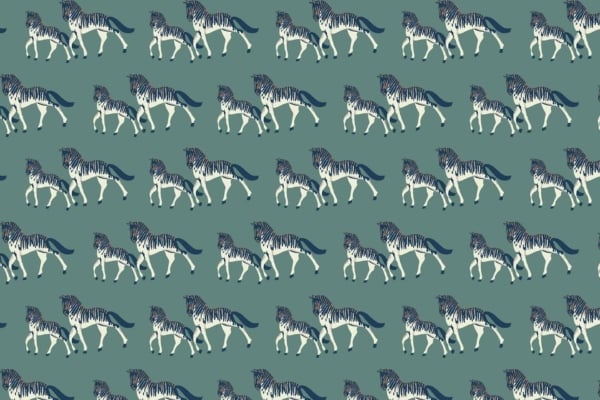 Wallpaper Pattern: Rows of zebras on a green background. Each row features zebras in different walking poses. Zebras alternate direction, facing right and left. Detailed black stripes and white bodies create a racing effect across the design. Elements: Zebras, black stripes, white bodies, green background. Colors: Green, black, white.