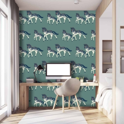 The wallpaper features blue wolves and racing stripes.