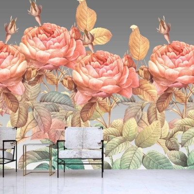 The wallpaper features a large floral mural with oversized pink roses and green leaves. The vibrant pink hues of the roses stand out against the lush green backdrop, creating a stunning focal point.