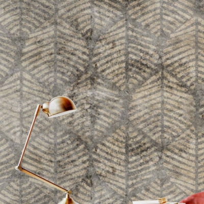 The wallpaper features a textured, geometric leaf-pattern in shades of gray and beige.