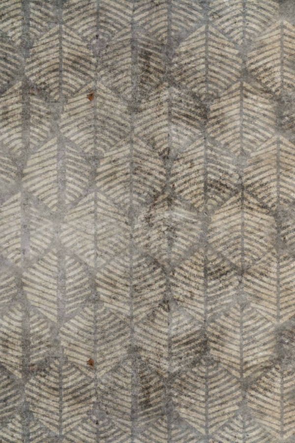 Soft, muted tones of gray and beige. Repeated leaf-like shapes. Textured, almost three-dimensional effect. Intersecting leaf patterns. Cohesive and intricate design.