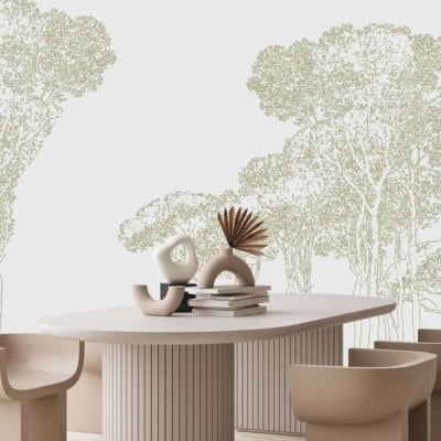 The wallpaper features intricate tree designs in a subtle, light green hue. The large, detailed patterns of the trees create a serene and natural backdrop, blending shades of pale mint and soft sage.