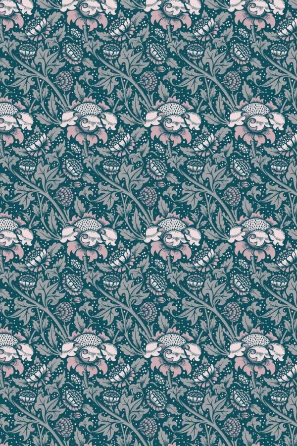 Intricate floral wallpaper featuring white and pink flowers with green leaves and stems on a deep teal background. Dense, repeating design includes various blossoms, foliage, and vines, creating a rich, detailed tapestry-like appearance.
