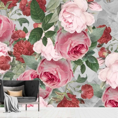 Vibrant floral wallpaper with large pink and red roses, green leaves, nicknamed 