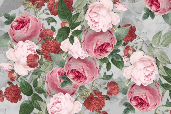 Seamless floral wallpaper with large Rosie-pink roses, clusters of smaller red flowers, and green leaves on a soft grey background with faint floral designs, forming a vibrant and elegant botanical motif.