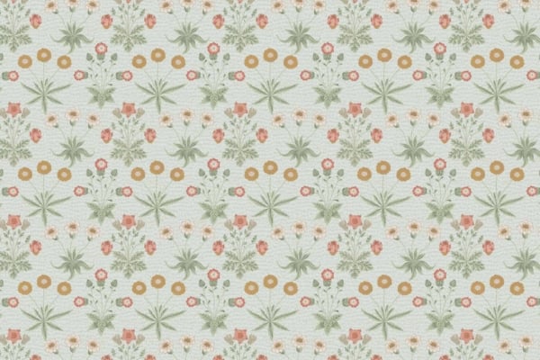 Intricate floral pattern, green star-shaped leaves, red flowers, yellow circular flowers, light background, repetitive symmetrical design.
