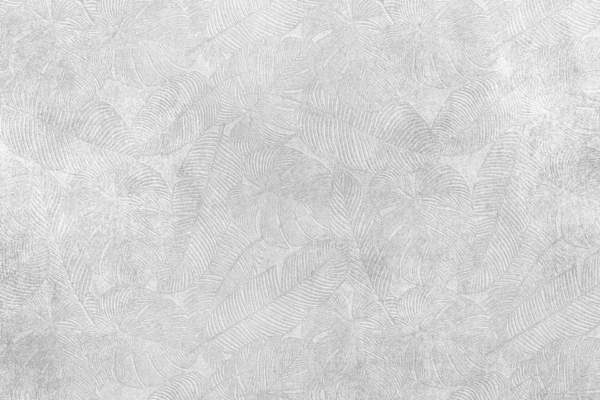 Monochromatic wallpaper with intricate overlapping leaf pattern. Shades of grey create a subtle, embossed effect. Detailed veins spell "Secrets in Stone." Soothing and natural aesthetic.