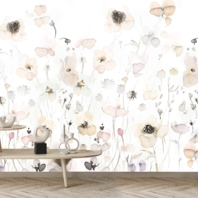 A light, airy room features a watercolor floral mural with delicate, pastel-colored flowers on a white background. The wallpaper includes soft hues such as blush pinks, lavender purples, and pale blues. Floral elements are intricately painted in a watercolor style.