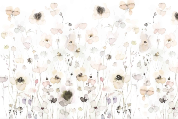 A watercolor painting wallpaper featuring a field of delicate wildflowers in soft hues of pale pinks, whites, yellows, and greens. The light background enhances the airy and dreamlike atmosphere, portraying an ethereal quality with blossoms symbolizing hope.