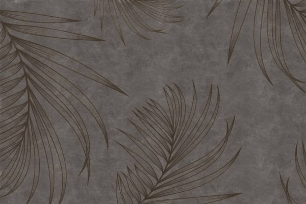 A self-made textured dark grey wallpaper featuring a pattern of brown palm leaves with delicate, flowing lines. The leaves vary in size and orientation, creating a harmonious and natural botanical design. Key elements: dark grey background, brown palm leaves, delicate lines, varying sizes and orientations, natural botanical design.