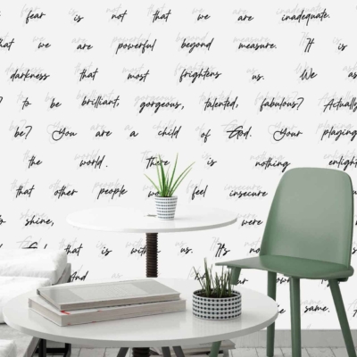 The wallpaper is a white backdrop featuring black cursive inspirational quotes.