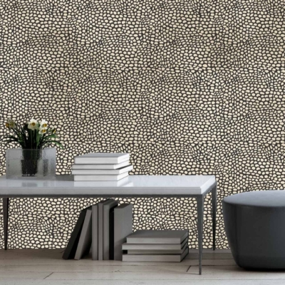 Textured wallpaper featuring a pebble-patterned design in neutral tones. The pattern resembles the scales of a serpent with hues of gray, beige, and off-white.