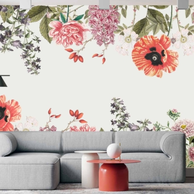 Vibrant floral mural with pink, red, and white flowers.