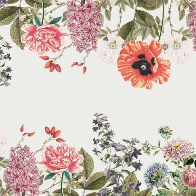 A symmetrical floral border featuring red poppies, pink peonies, purple lilacs, and clusters of small white and pink flowers. Green foliage intertwines with the blooms against a light beige and sienna background. The center is left blank for design flexibility. Vibrant colors include red, pink, purple, green, white, and beige.