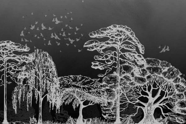 Intricately detailed tree silhouettes, dark background, silhouetted birds in motion, serene and natural aesthetic, monochrome illustration.