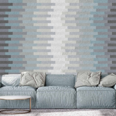 Geometric-patterned wallpaper, shades of blue and white.