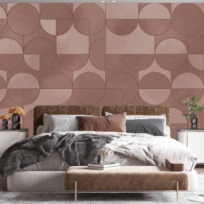 The modern bedroom features an artistic, geometric wallpaper with shades of brown and beige.