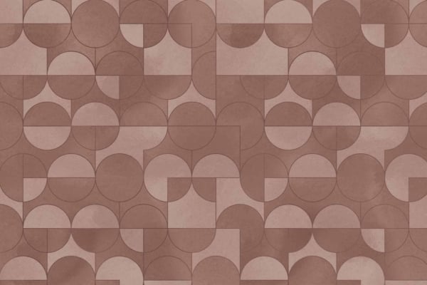 Geometric wallpaper with circles, semicircles, triangles, in shades of brown and beige. Tiled design, Spencer-inspired, visually engaging, symmetrical.