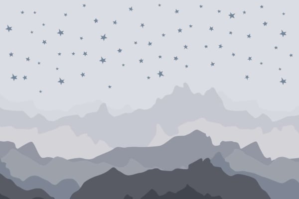 Title: Minimalist Mountain Range Wallpaper
Elements:
- Mountain range
- Various shades of blue and gray
- Light blue sky
- Scattering of simple star shapes
Colors:
- Blue (various shades)
- Gray (various shades)
- Light blue