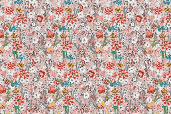 Intricate floral wallpaper features red, yellow, and teal flowers with green leaves on a white background. The design showcases various flower shapes and sizes in vibrant colors, creating a detailed tapestry-like appearance. Ideal for home decor.