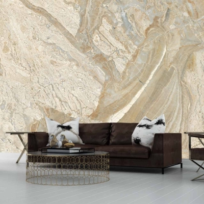 The wallpaper features a large marbled design with beige and brown tones, resembling an elegant Stoney Find. The patterns are intricate, with swirls of light and dark brown intermingled with subtle hints of cream. This backdrop provides a sophisticated and minimalist aesthetic to the living room decor.