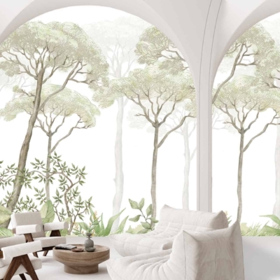 The wallpaper showcases soft, illustrative tree art of Stoney Pines with muted greens and gentle browns, set against a light, airy background. The natural theme extends greenery into the room, creating a serene atmosphere. Key elements: Stoney Pines trees, off-white background, muted greens and browns.