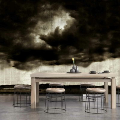 The wallpaper features a dark, abstract mural depicting storm clouds. It incorporates deep grays, blacks, and hints of blue to create a dramatic and moody atmosphere.