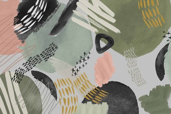 Abstract wallpaper with green, pink, black, and gray shapes intertwined with patterns like dots, crosses, and scribbles. The design mimics the strategic chaos of a brainstorming session, creating a dynamic and textured look.
