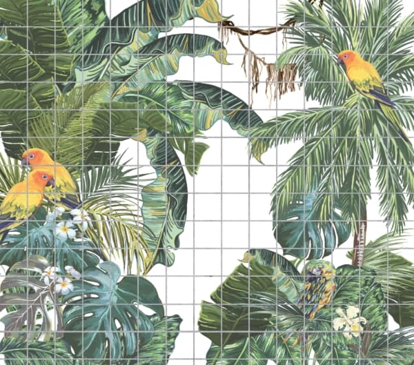 Tropicana-themed tile mural featuring lush green leaves, palm trees, and vibrant yellow and orange parrots. Birds perched among the foliage in a detailed exotic jungle scene. Elements: lush green leaves, palm trees, yellow and orange parrots. Colors: green, yellow, orange.