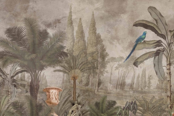 Lush tropical landscape wallpaper features various palm trees, tall cypress trees, rich foliage in vibrant greens. Accented by blue and green bird perched on large leaf. Decorative antique vase in lower left corner adds vintage charm. Summery vibes dominate the scene with radiant colors and intricate details.