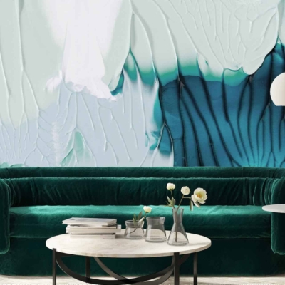 The wallpaper features a large, abstract mural in teal and white tones. The design boasts fluid, dynamic patterns with varying shades of teal blending seamlessly into crisp white accents, creating a visually striking and contemporary backdrop.