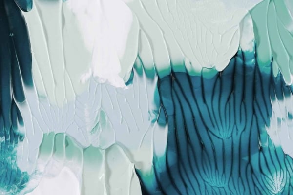 A close-up view of an abstract painting wallpaper showcases thick, textured brush strokes in varying shades. Teal, green, and white colors dominate the scene. The paint appears layered and swirled, creating movement and depth as if guided by superstitions. Key elements: thick texture, teal brush strokes, green swirls, layers of white, sense of fluid motion.