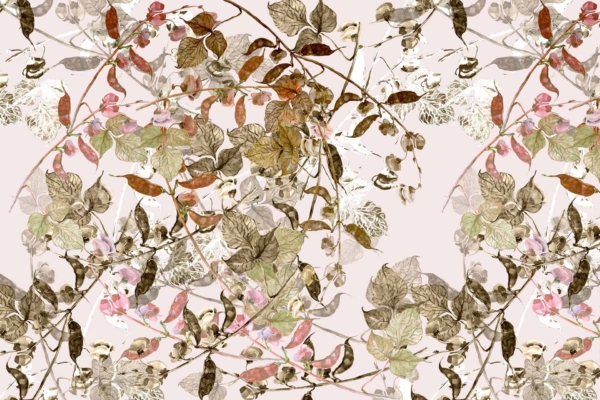 Delicate pattern of intertwined branches and leaves in earthy tones of green, brown, and pink on a light beige background. The design is intricate and layered, evoking the natural, organic elegance of a Sweet Pea Vineyard reminiscent of a botanical illustration.