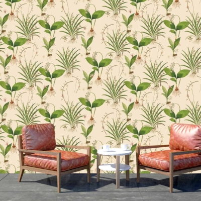 The wallpaper features a beige base with a lush, green botanical design. Elements include various shades of green leaves, vines, and possibly small flowers. The overall effect is one of greenery flourishing, giving the space a vibrant and natural ambiance.